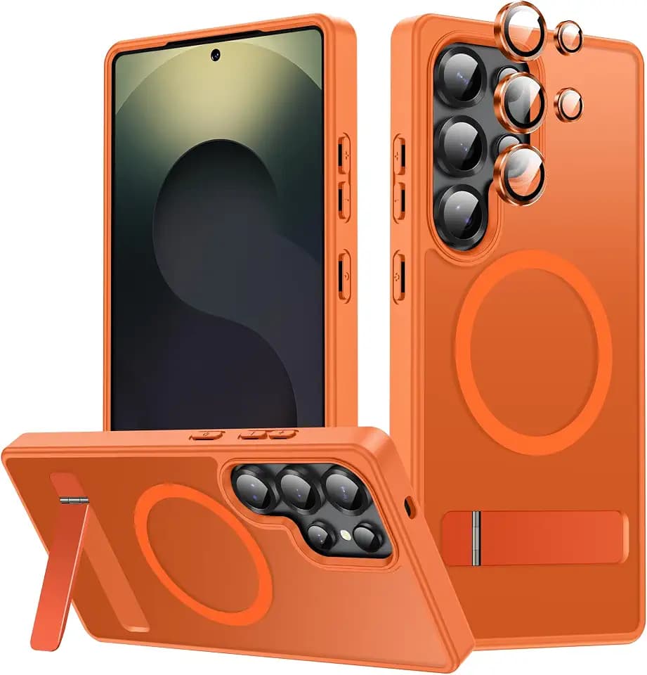 LEKEVO for Samsung Galaxy S25 Ultra Magnetic Case with Stand, Compatible with MagSafe, Camera Lens Protector, Translucent Matte Slim Silicone Shockproof Phone Cover, Orange