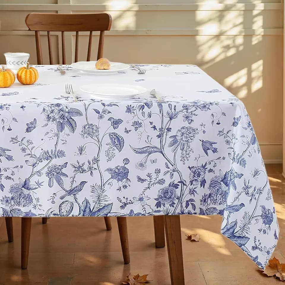 Honellaty Rectangle Tablecloth, Blue and White Floral 60 x 102 Inch