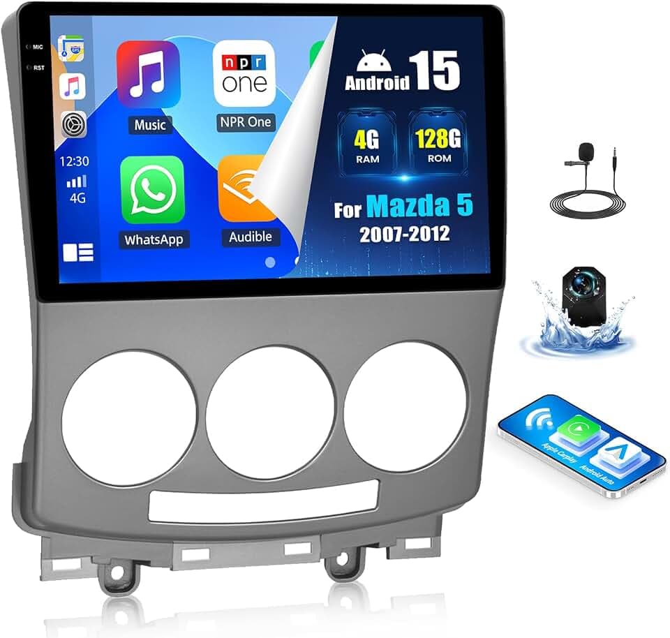 [4G+128G] Car Radio for Mazda 5 2007-2012 with Wireless CarPlay Android Auto,9" Touchscreen Android 15 Mazda 5 Car Stereo with Mirror Link WiFi GPS Navigation,Bluetooth,FM/RDS SWC EQ+Backup Camera