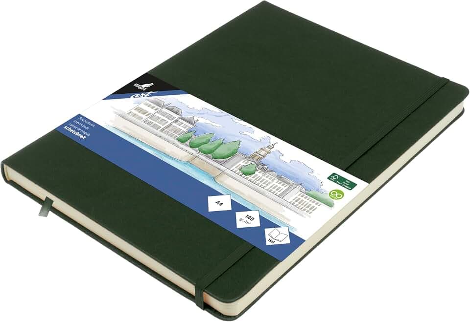 Skizzenbuch Kangaro A4 Forest Green PU Hardcover 80 Blatt 140 Gramm cremefarbenes Papier mit Gummiband und Band