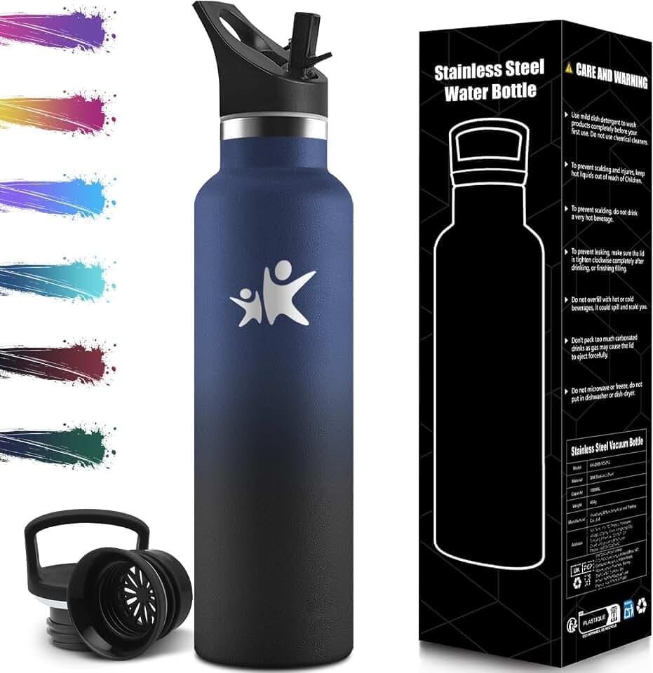 Trinkflasche Edelstahl 1L, BPA-Frei, Thermosflasche, Auslaufsichere Isolierflasche Doppelwandig, Thermoskanne, Wasserflasche mit Strohhalm, Trinkflasche Kohlensäure Geeignet für Sport