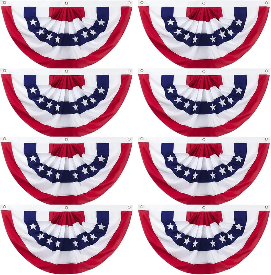 8 Pack American Pleated Fan Flag, 1.5 x 3 Ft Red White and Blue Half Fan Flag Bunting Banner, Patriotic Decorations USA Bunting Flags Outdoor Indoor for Porch Garden Memorial Day 4th of July Decor