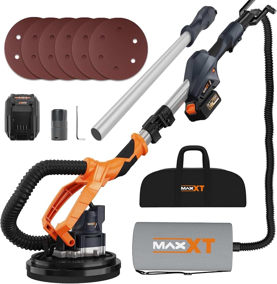 MAXXT 20V Akku-Wandschleifer (bürstenlos): Integriertes Staubabsaugsystem, 225mm Schleifplatte, Stufenlose Drehzahlregelung (600-1200 U/min), Teleskoparm (110-165cm ausziehbar), Für Wände & Decken