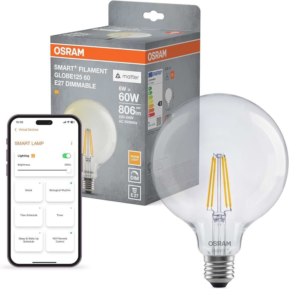 Osram SMART+ LED-Lampe Globe, E27, Filament klar, 2700 K warmweiß, dimmbar, App- und Sprachsteuerung, kompatibel mit Alexa und Google