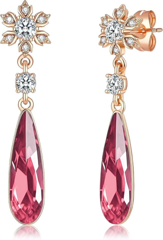 Austrian Crystal Teardrop Earrings Flower Dangle Earrings for Women 14K Gold Plated Drop Stud Earrings Hypoallergenic Jewelry