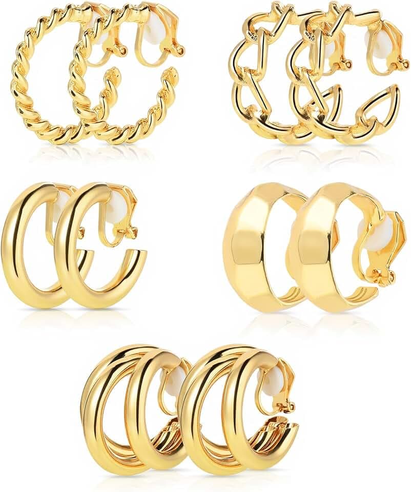5 Pairs Gold Clip On Earrings for Women No Piercing Fake Earring Set
