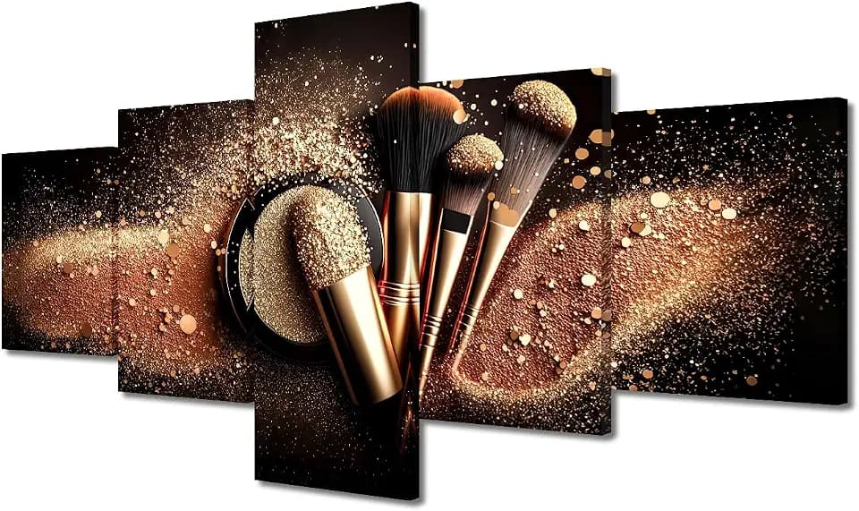 Makeup Modern Golden Wall Art Cosmetic House Decorations for Living Room Beauty Salon Canvas Wall Art Paintings for Bedroom Powder Room Bathroom Office Decor Artwork Framed Ready to Hang 50"Wx24"H