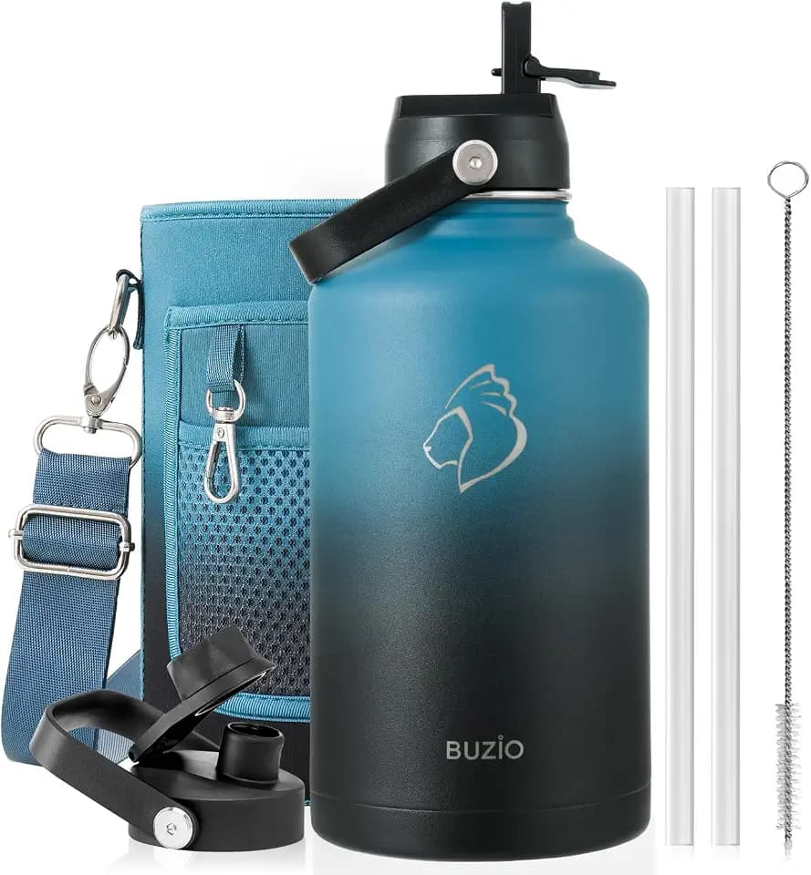 BUZIO 64 oz Insulated Stainless Steel Water Bottle with Dust-proof Lids