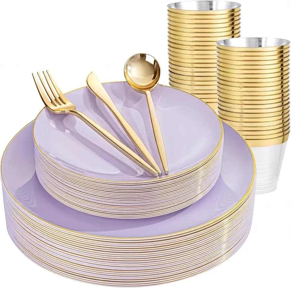 bUCLA 150PCS Purple Plastic Plates - Light Purple and Gold Disposable - Include 25 Each (Dinner & Dessert) lavender Plates, 25 Knives, 25 Forks, 25 Spoons & 25 Cups for Party, Birthday & Wedding