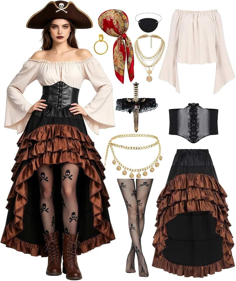 10pcs Adult Halloween Pirate Costume for Women with Accessories