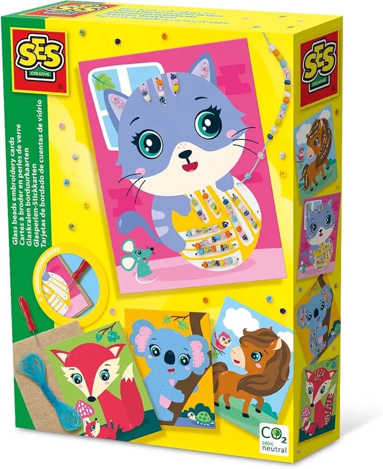 SES Creative Glasperlen-Stickkarten | Bastelset | Made in Holland | für Kinder ab 5 jahren | diverse Farben | 4 Stickvorlagen | 14781