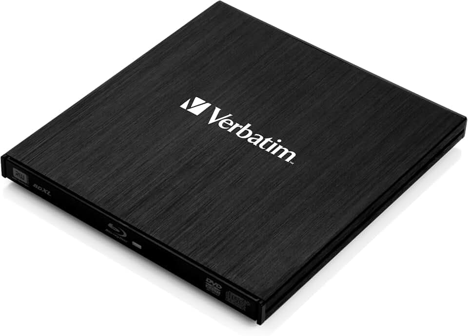 Verbatim Externer Slimline Blu-ray-Writer, USB 3.0-Anschluss, Blu-ray-Player, Kompakter externer Blu-ray-Brenner für große Backups, MDisc-Brenner, Externes Blu-ray-Laufwerk, schwarz