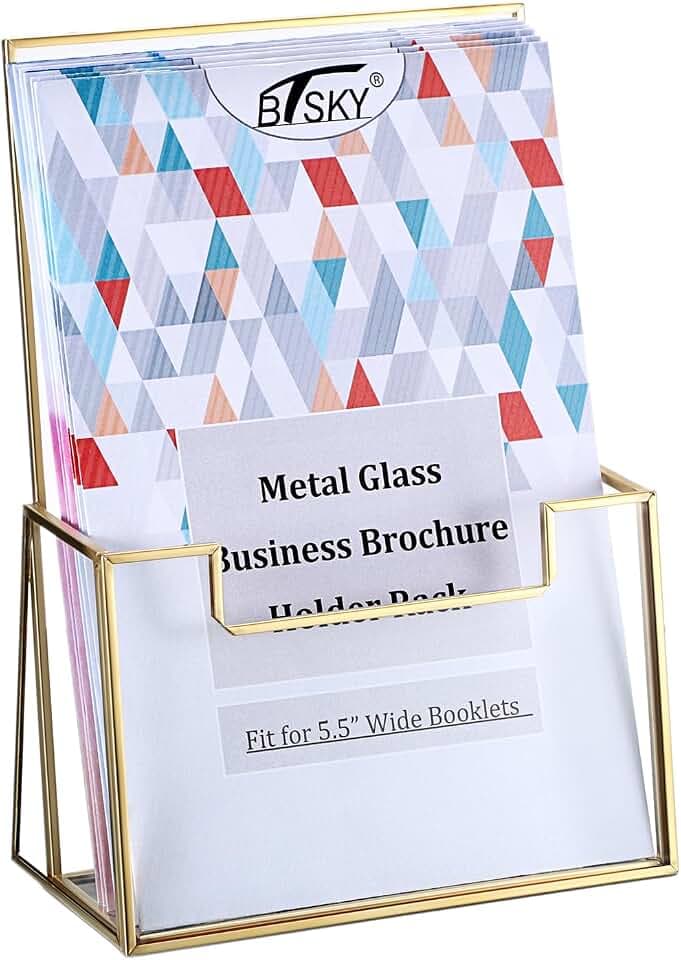 BTSKY Golden Glass Brochure Holder 5.5 x 8.5 Inches Trifold Pamphlet Holder
