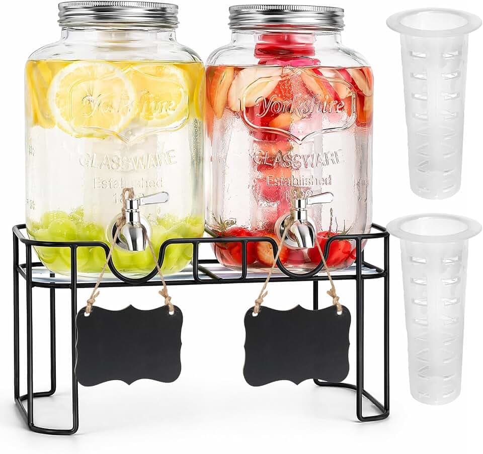 2 x 6L Glas-Getränkespender mit Ständer, Getränkespender, Glas-Wasser-Saft-Spender mit Zapfhahn aus massivem Edelstahl für geeiste Säfte, Wasser, hausgemachte Getränke, Partys, Hochzeiten