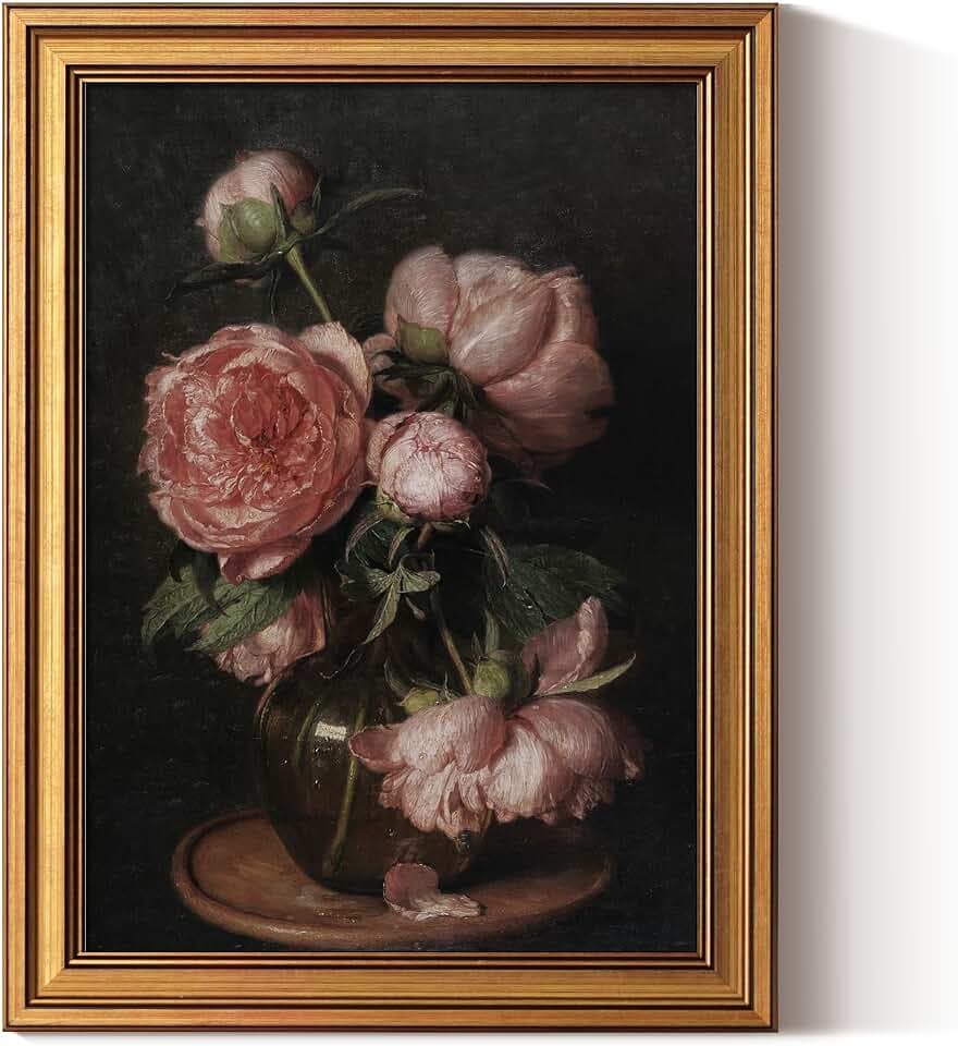 ARPEOTCY Leinwand Bilder mit Rahmen,Vintage Bunte Pfingstrose Leinwandbild 40x30 cm, Ästhetische Landhausstil Wanddeko für Wohnzimmer Schlafzimmer