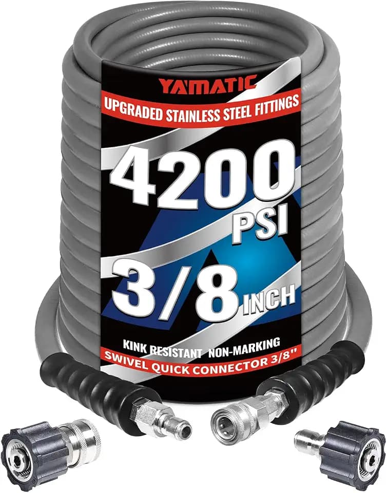 YAMATIC 3/8" Non-Marking Pressure Washer Hose 125 FT, Swivel Quick Connect