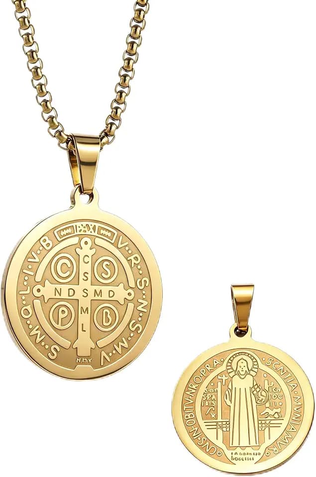 St. Benedict Medal Necklace, Stainless Steel Double Sided Religious Pendant, 3mm Box Chain, Water Resistant Hypoallergenic Faith Jewelry Gift
