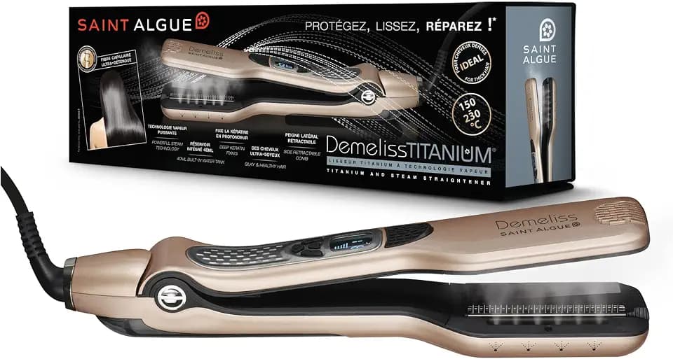 Demeliss Saint Algue TITANIUM Dampfglätteisen – Titanplatten – Leistungsstarker Dampf – XL-Wassertank 40 ml – Abnehmbarer Kamm – 5 Temperaturstufen – Für alle Haartypen, professionell
