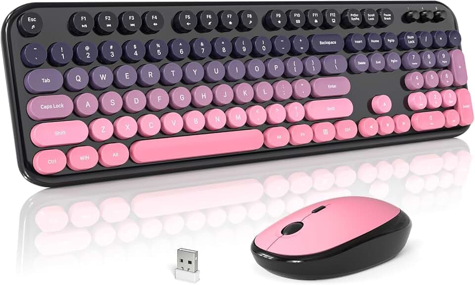 MOFII Wireless Keyboard and Mouse Combo, Cute Keyboard Full Size and Wireless Mouse, 2.4GHz Retro Typewriter Keyboard Mouse Set for PC/Desktop/Laptop/Windows (Berry Pink)