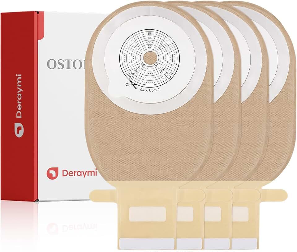 DERAYMI 20 PCS Colostomy Bags Ostomy Supplies One Piece Ostomy Bags, Ostomy Drainable Pouches for Ileostomy Stoma Care Cut-to-Fit 20-65mm Hook-and-Loop Closure