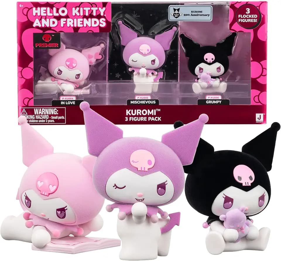 Hello Kitty Kuromi-Premi-Figuren – Sonder-Set mit 3 Figuren à 10 cm mit Flocked-Finish, inklusive Kuromi, Frech und Grunze, Sammleredition für Fans, Berühmte (KRM3000)