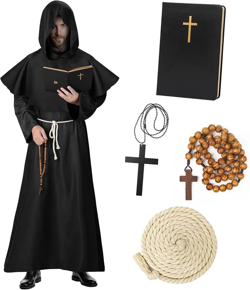 Karneval Kostüm Männer, Mönch Kostüm Herren Set mit Mönchskutte、Mönch Robe、Klassische NotizbüCher und Kreuzverzierungen,Mittelalter Mönch Priester Kostüm Herren für Karneval Halloween