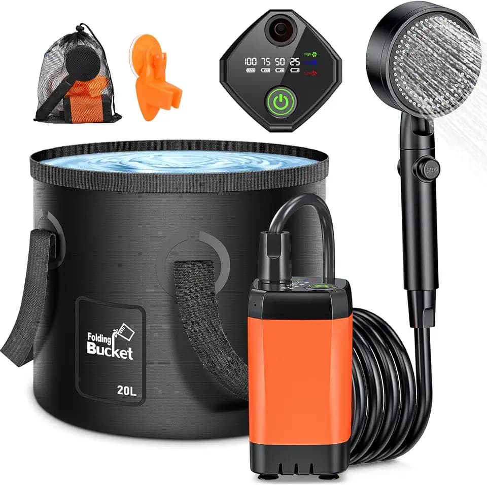 Rsaoty Campingdusche mit Pumpe, 3000mAh Campingdusche Akku Camping,Mobile Duschen Außenduschen mit Duschkopf und 2M Schlauch,intelligenter Digitalanzeige,für Garten, Strand,Haustier,Autowaschen
