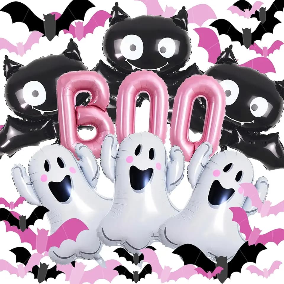 Halloween Little Boo Balloons Decorations 3D Bat Blush and Black DIY Wall Decal Pink Boo Foil Balloons White Ghost Black Bat for Halloween Birthday Baby Shower Party Supplies
