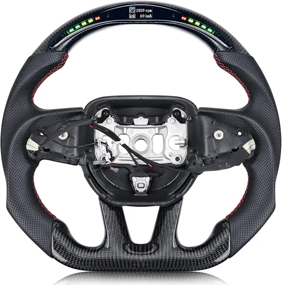 Real Carbon Fiber Steering Wheel Red Stitching For Dodge Charger/Challenger/SXT/GT/RT/SRT/Heallcat D-shaped LED Shift Indicator Nappa Perforated Leather Flat-bottom Steering Wheel-With Heat