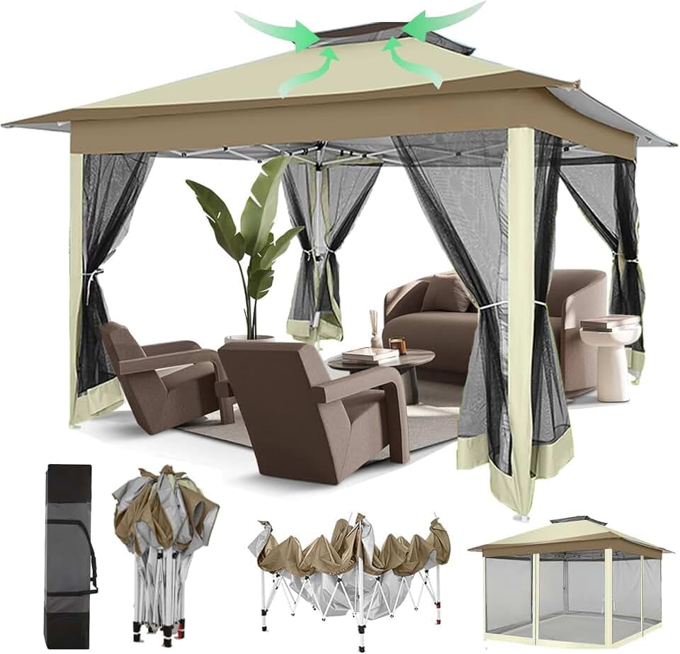 COBIZI 12x12 Pop Up Gazebos On Clearance - Upgrade Easy Up Metal Outdoor Gazebo Waterproof - Portable Gazebo with Mosquito Nettings, 4 Ropes 8 Stakes and Carry Bag for Patio Garden(Khaki)