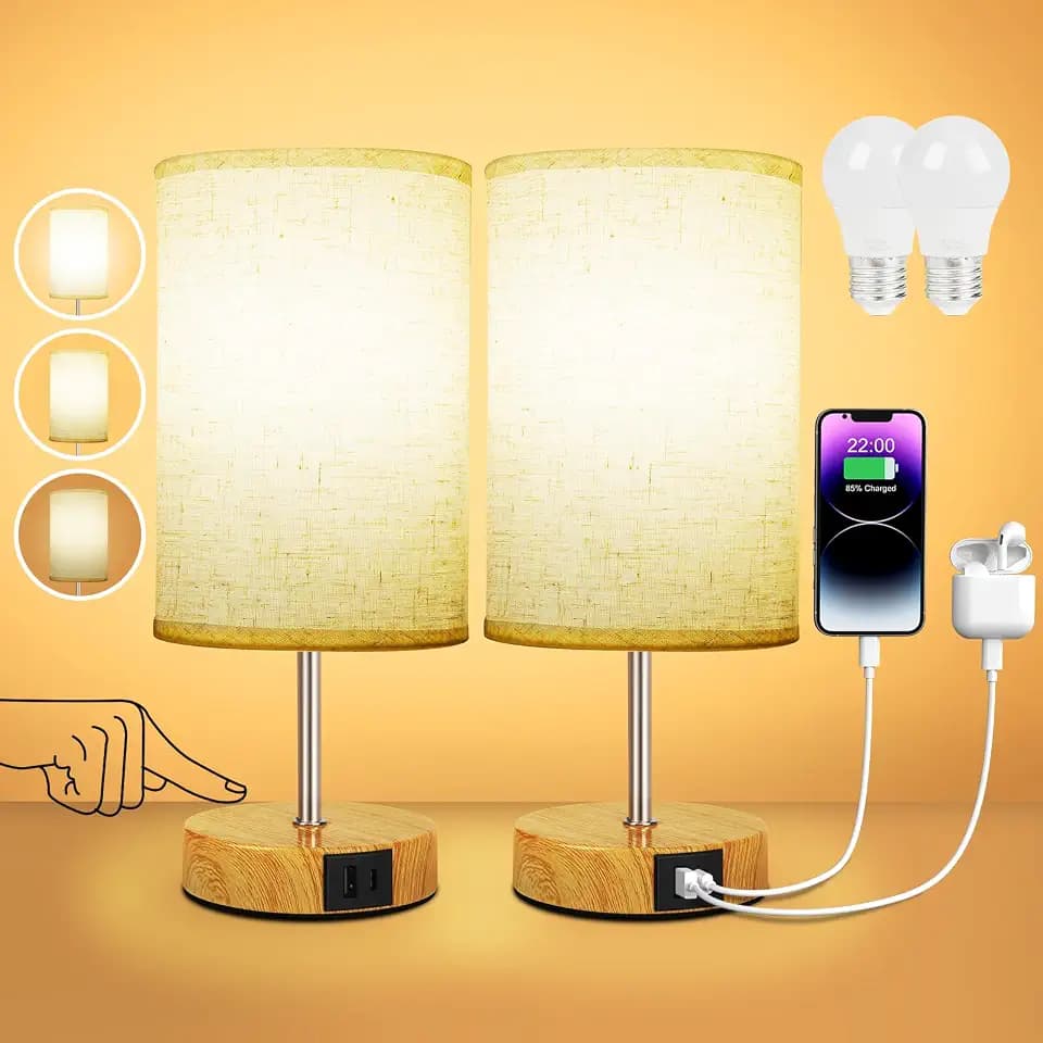 Nachttischlampe Touch Dimmbar 2er Set, Tischlampe mit USB A+C Ladefunktion