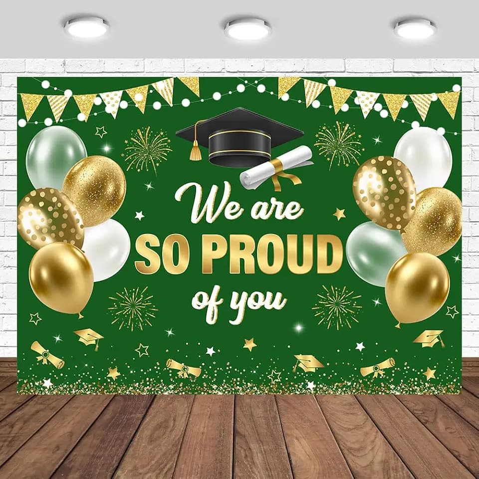 We are So Proud of You Backdrop 7x5ft Green Gold Congrats Graduation Party Photography Background Congrats Grad Graduation 2026 Glitter Party Banner Photo Studio Props