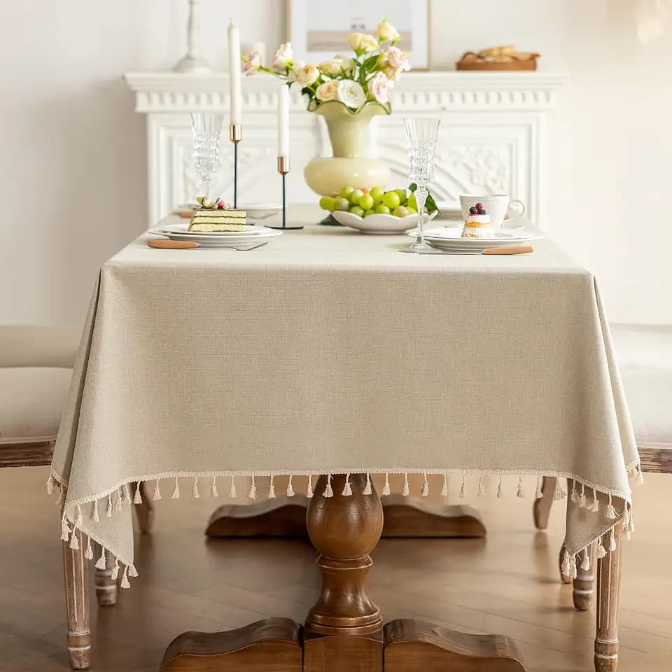 Heavyweight Polyester Square Tablecloth with Tassels, Warm Beige, 55 x 55