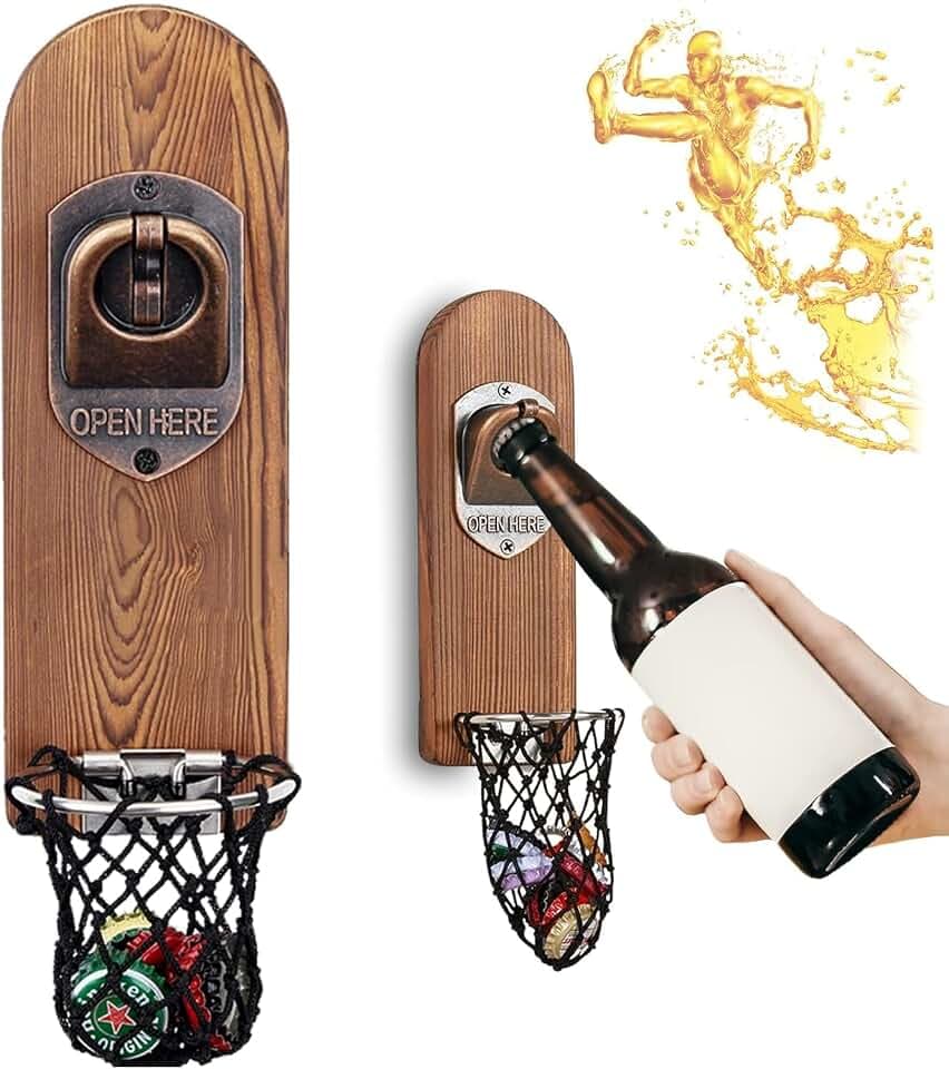 Beer Bottle Opener Wall Mounted with Magnetic Cap Catcher,Wooden Magnetic Bottle Opener for Fridge,Vintage Beer Gifts for Men, Man Cave Decor,Gifts for Men and Beer Lovers(Style 3)