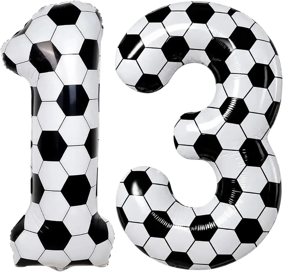 Soccer 13 Balloon Number, 40 Inch Soccer Number 13 Foil Balloon for Kid 13th Birthday Party Decor, Self Inflating White 13 Balloons for Boys Sport Theme Celebration Word Cup Anniversary Decorations