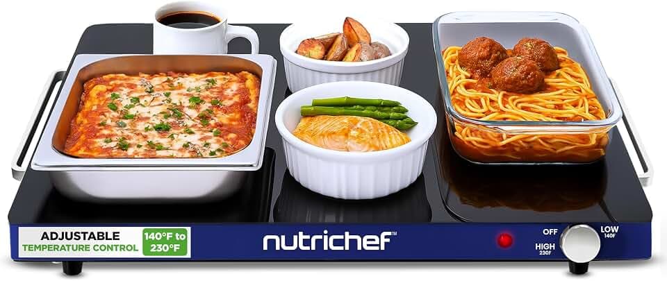 NutriChef Electric Food Warming Tray - Adjustable temperature, Sleek Glass Surface, Energy Efficient & Space Saving, Ideal for Buffets, Restaurants, and Events, 23.23x 17.32x 0.22 IN (Blue)