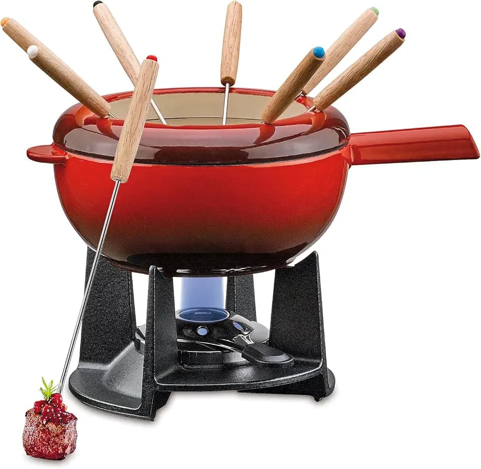 Spring Fondue-Set Saas-Fee rot, Gusseisen-Topf, Ø 20 cm, 8 Gabeln