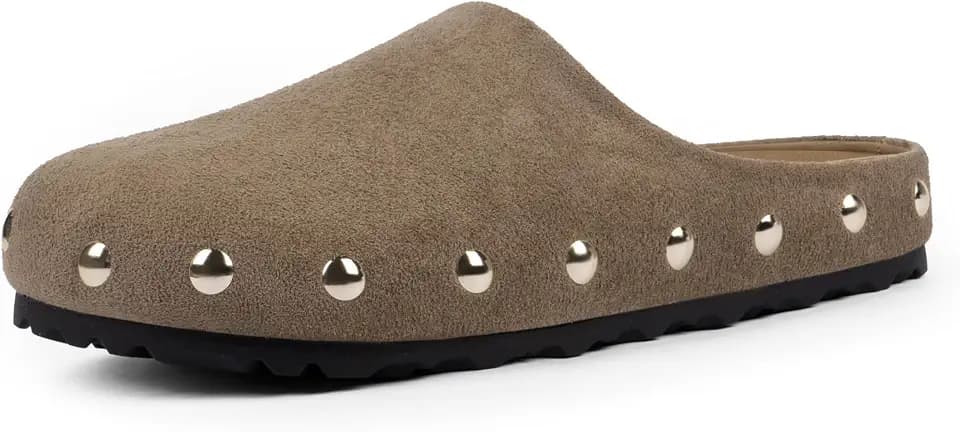 QIY Womens Taupe Clogs Slip on Studded Faux Suede Mules Comfortable Footbed Mule Potato Shoes for Women Size 7.5
