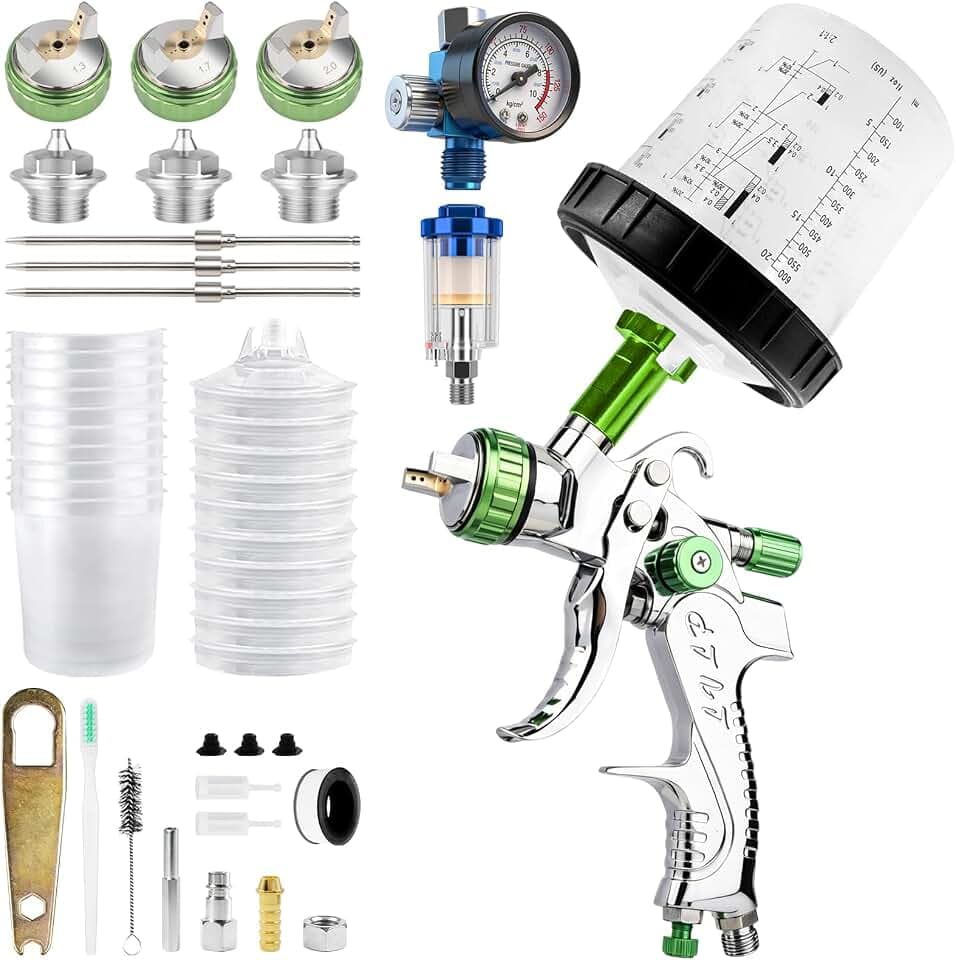 LVLP Lackierpistole Spritzpistole Kit, 3 Düsen 1,3/1,7/2,0mm, 10 Becher