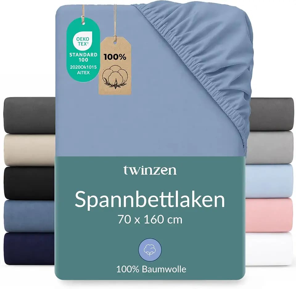 Twinzen Spannbettlaken Baumwoll-Jersey 70x160 Hellblau Steghöhe 15 cm