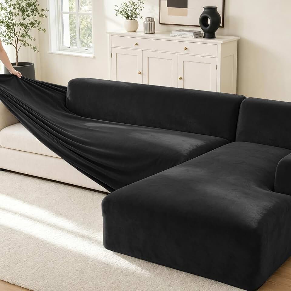 Samt Sofabezug L-Form 2-teilig, 3 Sitzer+Recamiere Links, Schwarz