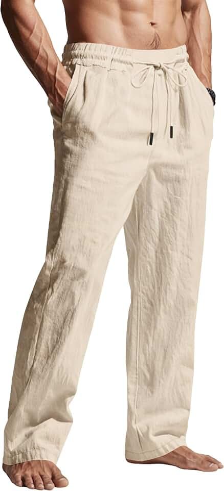 Men's Casual Linen Pants Elastic Waist Drawstring Summer Beach Lightweight Trouser with Pockets