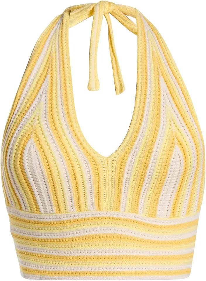 Verdusa Women's Crochet Tops Summer Striped Crop Halter Top Concert Outfit