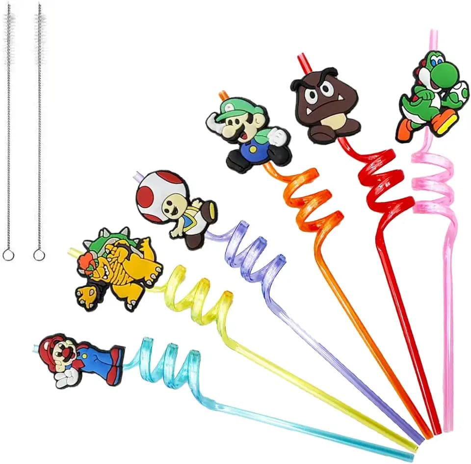 30pcs Mario Straws Mario Party Supplies Favors With 2pcs Cleaning Brush Plastic Reusable Straws Birthday Party Supplies For Boys Girls