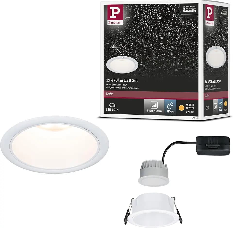 Paulmann 94872 LED Einbauleuchte 3-Step-Dim Cole IP44 rund 88mm Coin 6W 470lm 230V 2700K Weiß