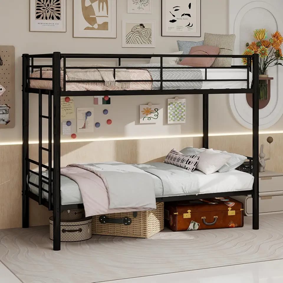 Etagenbett 90x190 cm, Hochbett Metalltreppe, Bunk Bed mit SchutzgeläNder und Zugangsleitern, Hochbetten Erwachsene mit Lattenrost und Rausfallschutz für Jugendliche und Erwachsene (Schwarz)