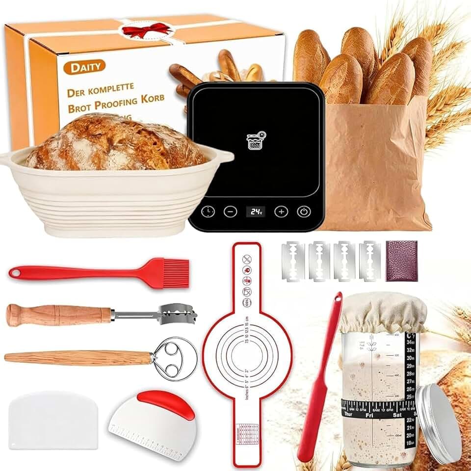 Daity Sauerteig Starter Set, 12-teilig, 28 cm Silikon-Gärkorb mit Wärmer