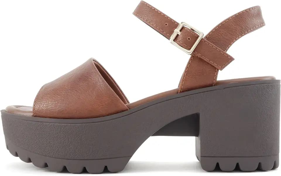 Soda “Stacie” ~ Women Open Toe Lug Sole Mid Block Heeled Sandals with Adjustable Ankle Strap