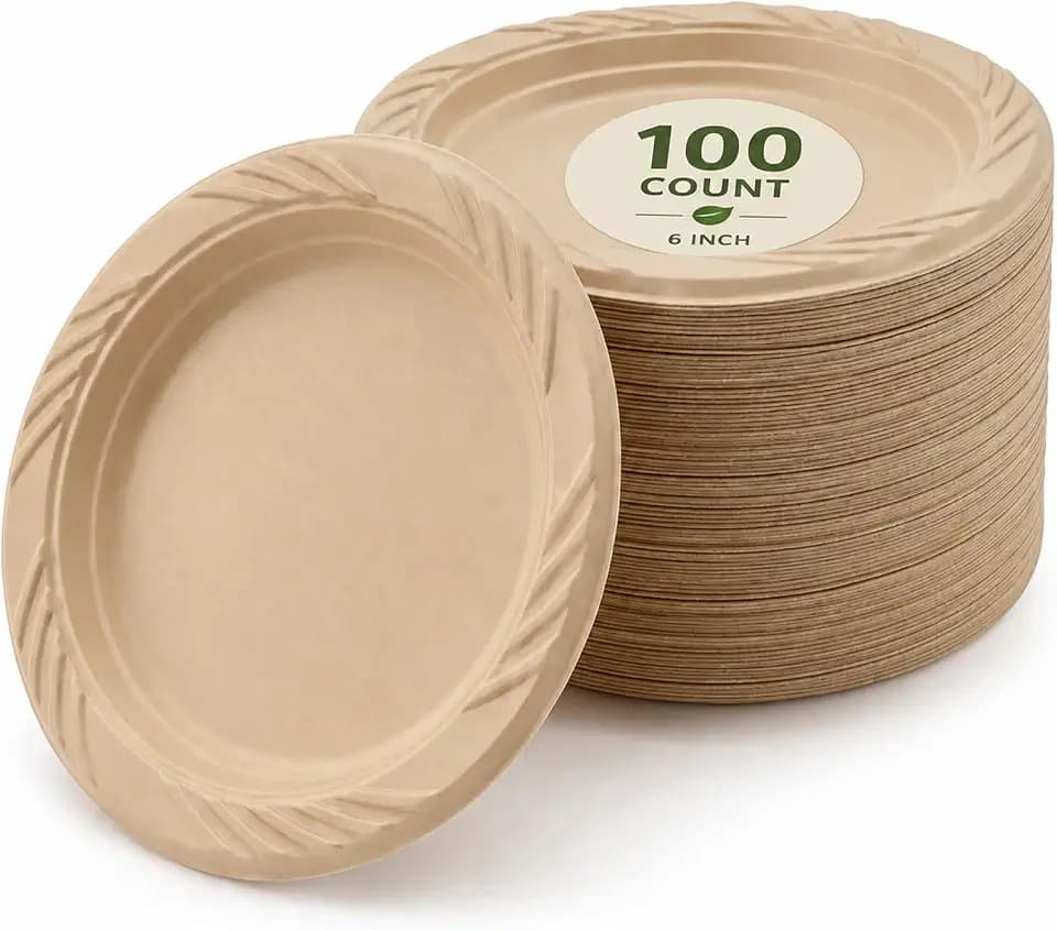 100 Pack Disposable Bamboo Fiber Plates, 6 Inch, Beige, Compostable, PFAS-Free, Microwave Safe, Leaf Embossed Rim, for Parties and Everyday Dining
