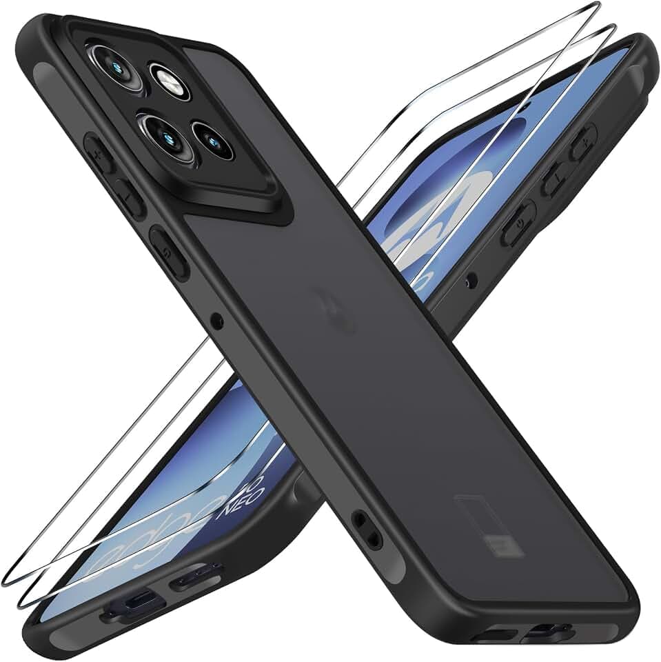 ivoler Hülle für Motorola Moto Edge 60 Neo 5G / Edge 50 Neo 5G mit 2 Stück Panzer Schutz Glas, Militärstandard Stoßfest Kratzfest Handyhülle Matt Durchscheinende Rückseite Schutzhülle Case (Schwarz)